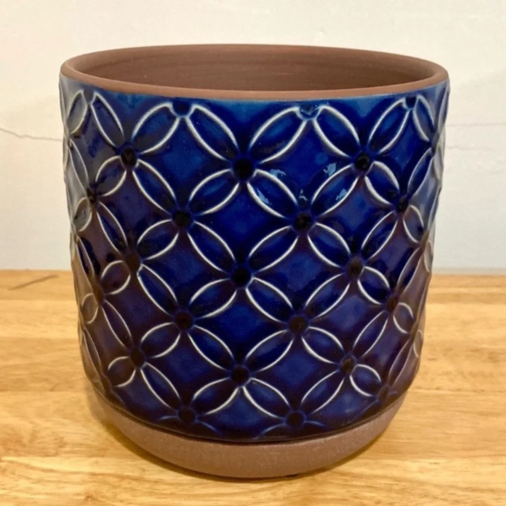 6 Inch Blue Planter Ceramic Pot Cobalt Embossed Floral Pattern Inline Saucer NWT